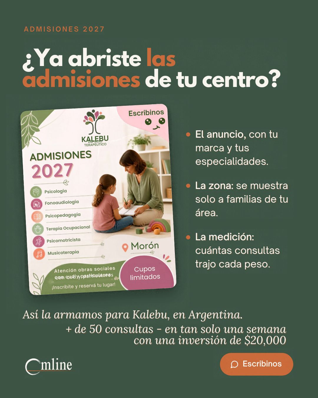 Anuncio de admisiones 2027 armado para Kalebu, centro terapéutico de Morón
